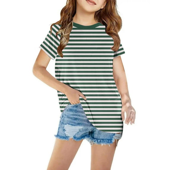 Sookity Cute Tops for Girls 10-12 Short Sleeve Shirts for Children Solid Round Neck Tee Shirts Dressy Casual Blouses Striped Short Sleeve Tops