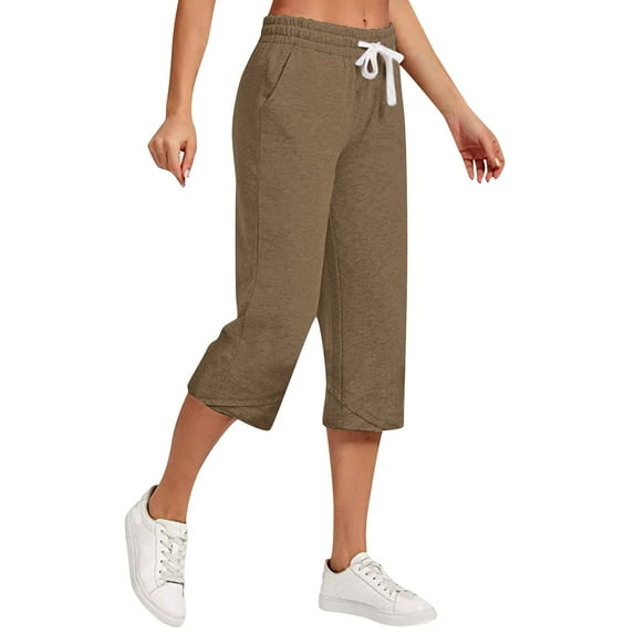 Sookity Sale Capri Pants for Women Plus Size Drawstring Pants Solid Cotton Linen Trousers Basic Loose Fit Sweatpants Linen Capris for Women