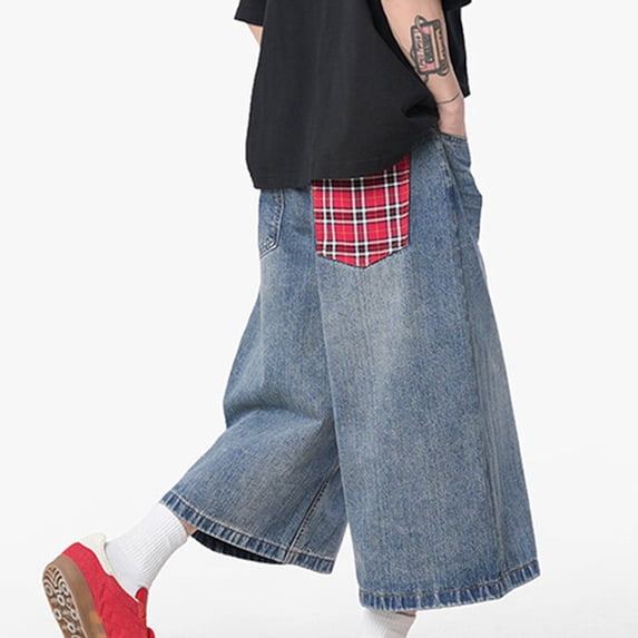 Sookity Extra Wide Leg Demin Pants Mens Loose Fit Casual Long Trousers Patch Work Design Capri Demin Pants Fashion Jeans with Pockets Blue,L