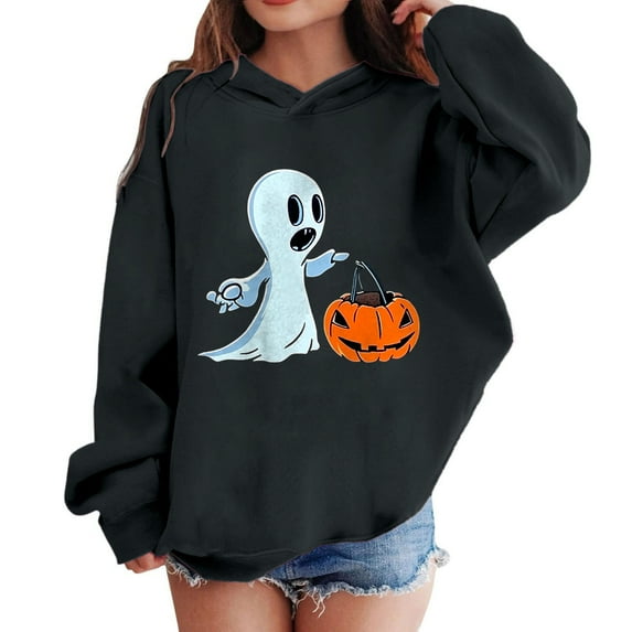 Sookity Girls Halloween Sweatshirt Cute Graphic Hoodie for Kids Long Sleeve Drawstring Pullover Tops Gifts Black,5 Years Girl Clothes