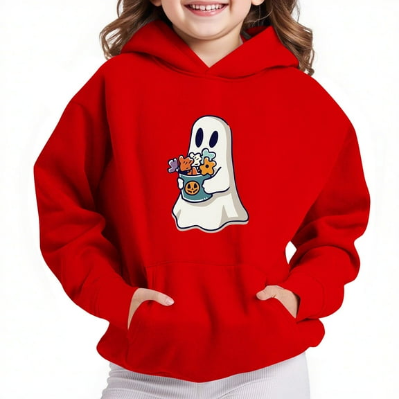 Sookity Girls Halloween Sweatshirt Ghouls Print Cute Graphic Hoodies Long Sleeve Shirts Pullover Tops Halloween Gifts for Kids Red,4 Years Girl Clothes