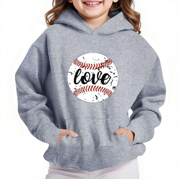 Sookity Graphic Hooded Sweatshirts for Boys and Girls Baseball Print Long Sleeve Pullover Tops Lightweight Tunic Shirts Casual Outwear with Pockets Gray,7 Years Girl Gifts