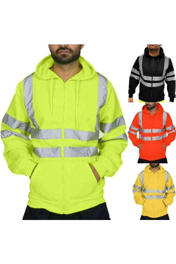High Visibility Safety Sweatshirt for Men Class Reflective Strips Zipper Up Hooded Jacket Work Utility Hoodies with Pockets Yellow,XXL