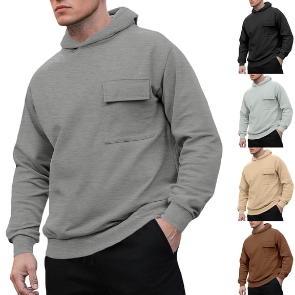 Sookity Hooded Sweatshirts for Men Basic Tops Lightweight Fashion Blouses Solid Color Pullover Tops Casual Hoodies with Chest Pockets Brown,XXL camisas de vestir