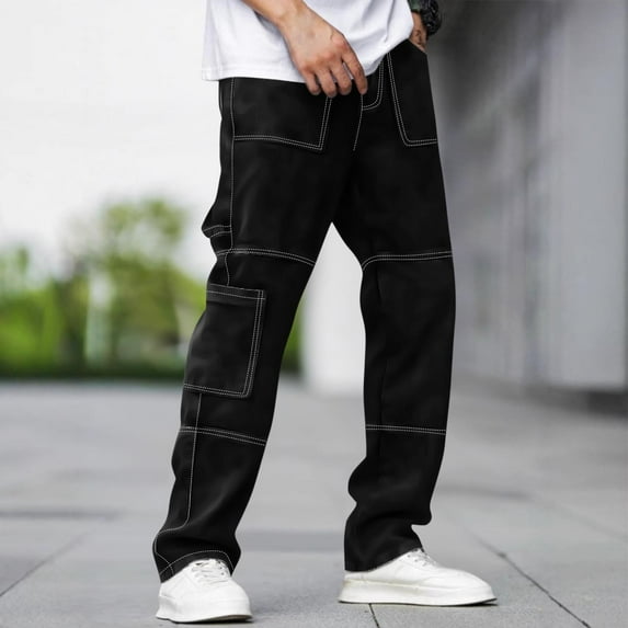 Sookity Jeans For Men Straight Leg Denim Pants Solid Color Casual Jeans Loose Fit Streetwear Pants Fashionable Denim Pants Trousers with Pockets Black,S