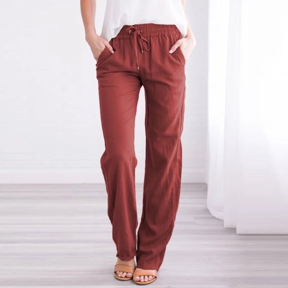 Sookity Linen Summer Pants for Women Women's Summer Plus Size Pants Casual Long Length Pants Solid Drawstring Waist Sweatpants Basic Straight Leg Trousers Early Prime Deals Day 2024