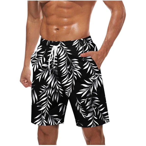 Sookity Men'S Swim Trunks Hawaiian Bathing Suit Drawstring Elastic Shorts Casual Knee Length Board Shorts Quick Dry Swimwear with Pockets Black,XXXXL