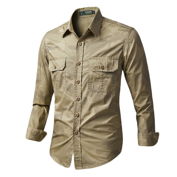 Sookity Men's Long Sleeve Western Tshirts Stand-Up Collar Button Down Polos Shirts with Camouflage Multi-Pocket Tees Mens Shirts Casual Stylish Full Sleeve Khaki,L