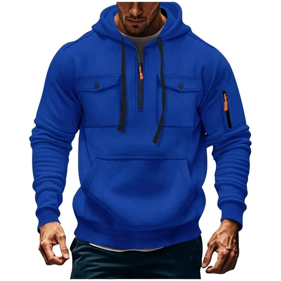 Sookity Men's Quarter Zip Hoodies Tops Workout Athletic Pullover Hoodie Long Sleeve Basic Pullover Tops Sweatshirt with Kangaroo Pocket Pullover De Hombre Blue,M