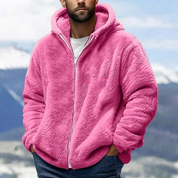 Sookity Men's Sherpa Lined Jacket Fuzzy Sweater Fleece Lined Winter Coats Mens Cold Weather Jackets with Pockets chaqueta para hombre Hot Pink,L