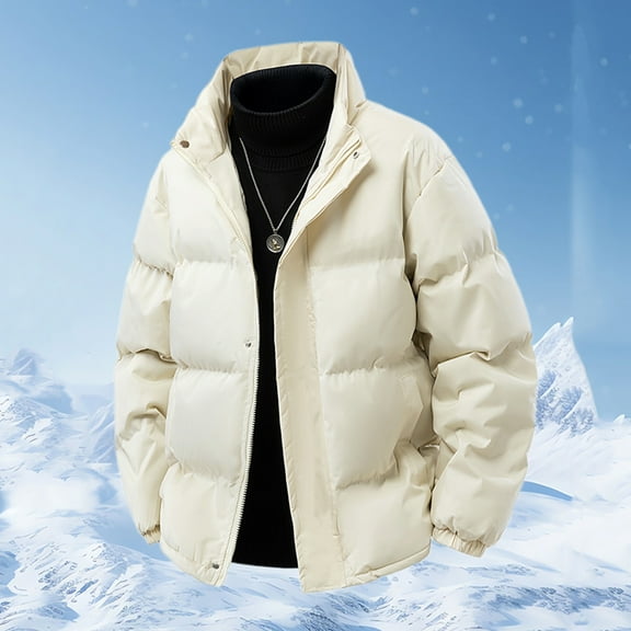 Sookity Men's Zip up Puffer Jacket Thickened Winter Coats Warm Quilted Outwear Stand Collar Jacket Ski Bubble Coats with Pockets abrigo hombre Beige,L