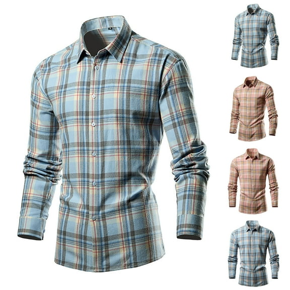 Sookity Mens Business Casual Button Down Shirt Plaid Shirts Lapel Collar Long Sleeve Tee Shirts Lightweight Shirt with Chest Pocket Blue,L