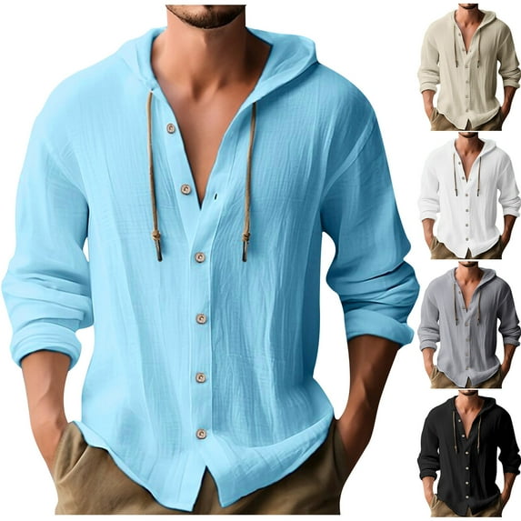 Sookity Mens Cotton Linen Shirts Long Sleeve Casual Button Down Tees V Neck Loose Fit Shirts Male Hooded Solid Tops Men Shirts Casual Beige,XXL