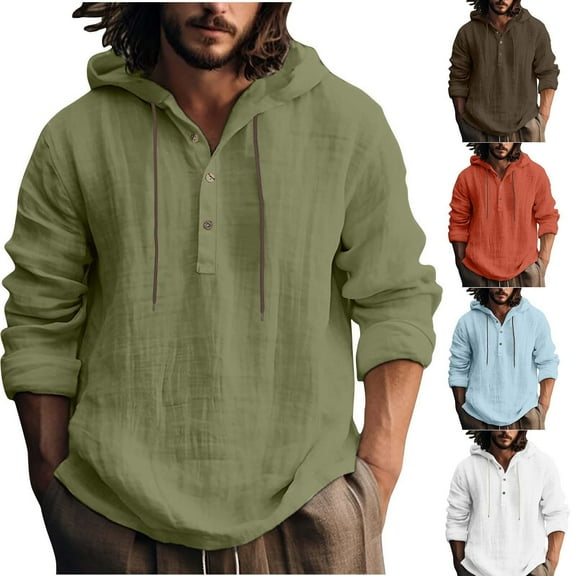 Sookity Mens Cotton Linen Shirts Long Sleeve Casual Button Down Tees V Neck Loose Fit Shirts Male Hooded Solid Tops Men Shirts Casual Long Sleeve White,S