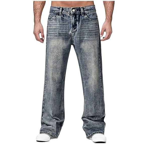 Sookity Mens Demin Pants Casual Vintage Jeans Relaxed Fit Wide Leg Trousers zipper Fly Solid Color Workwear Jeans Cargo Demin Pants with Pockets Blue,XXL