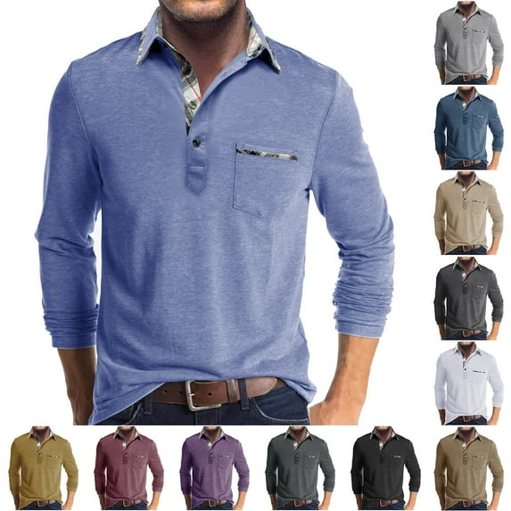 Sookity Mens Fashion V Neck Shirts Casual Long Sleeve Button Down Male Tshirts Lapel Collar Tee Shirts Basic Lightweight Shirts with Chest Pockets Light Blue,M