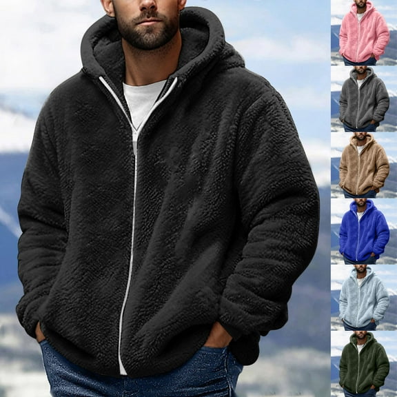 Sookity Mens Fuzzy Sherpa Jackets Casual Cozy Fleece Lined Long Sleeve Full Zip up Hoodies Warm Fall Winter Hooded Coats Fashion Casual Jackets with Pockets casacas para hombre Black,S