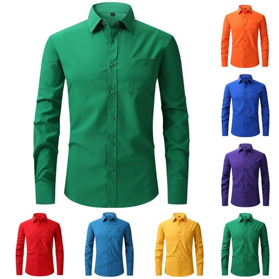 Sookity Mens Long Sleeve Tee Shirts Solid Slim Button-Down Tshirts Lapel Neck Male Tops Work Basic Shirts with Pocekts Men Shirts Casual Purple,XXL