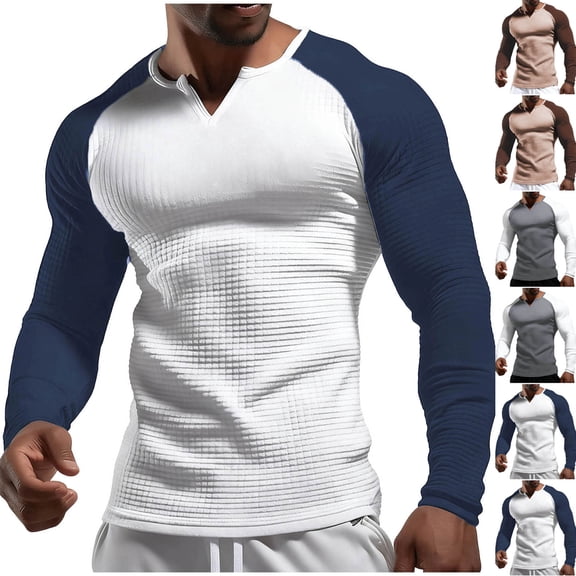 Sookity Mens Raglan Sleeves Waffle Sweatshirts Casual Stand Collar Comfy Pullover Tops Color Block V Neck Shirts Big and Tall Long Sleeve Workout Shirt Gray,S camisas de vestir