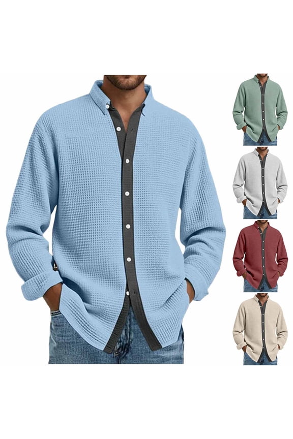 Mens Waffle Knit Henley Shirts Button Down Jackets Henley Shirts Long Sleeve Pullover Tops Waffle Knit Henley Button Down Shirts Green,L