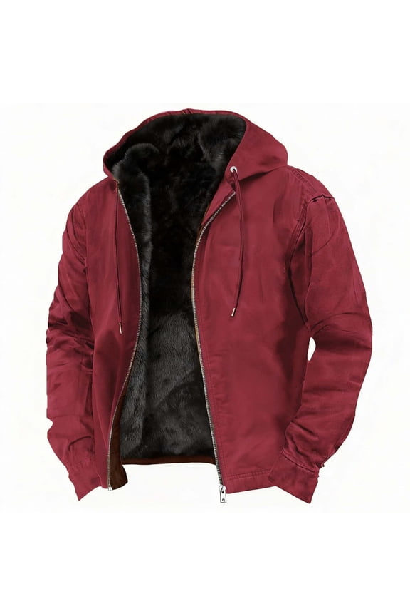 Mens Winter Hooded Jacket Thick Thermal Cotton Warm Fleece Lined Sherpa Lined Jackets Casual Lapel Collar Work Cargo Jackets Coats Red,M