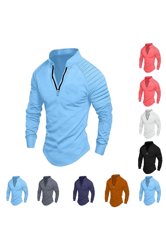 Mens Zipper V Neck Polos Shirts Solid Casual Long Sleeve Tshirts Regular Fit Sport Outwear Golf Tee Shirts Mens Shirts Casual Stylish Full Sleeve Gray,L
