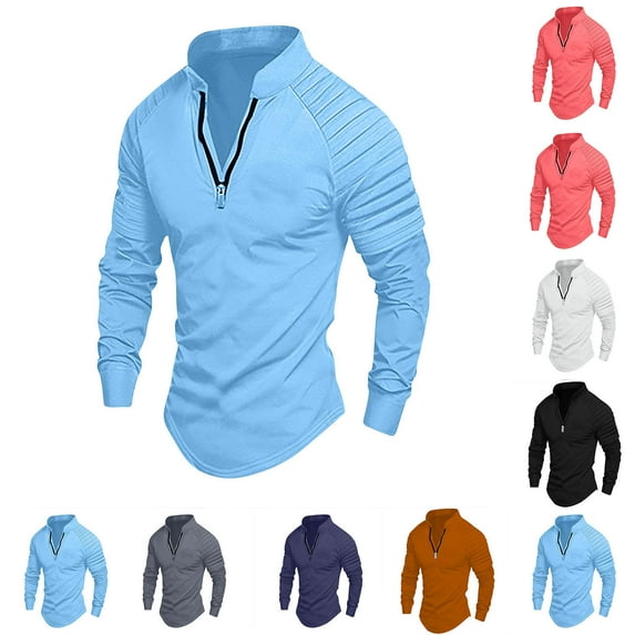 Sookity Mens Zipper V Neck Henley Shirts Solid Casual Long Sleeve Tshirts Regular Fit Sport Outwear Golf Tee Shirts Mens Shirts Long Sleeve Casual Sky Blue,L