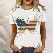 Sookity Short Sleeve Tops for Women Trendy 4Th of July Shirts for Women 2024 Casual American Flag Tops O-Neck Short Sleeve Tshirts Casual Loose Fit Tee Shirts Big Summer Deals