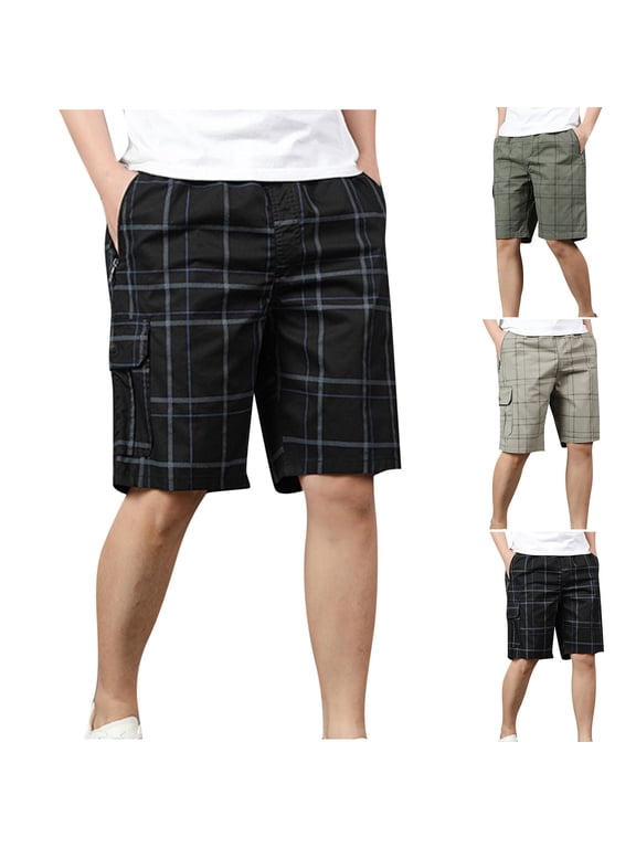 Wide Leg Shorts Mens Casual Plaid Shorts Summer Lightweight Elastic Waist Shorts Comfy Beach Shorts 5 Inch Inseam Shorts with Pockets Black,XL