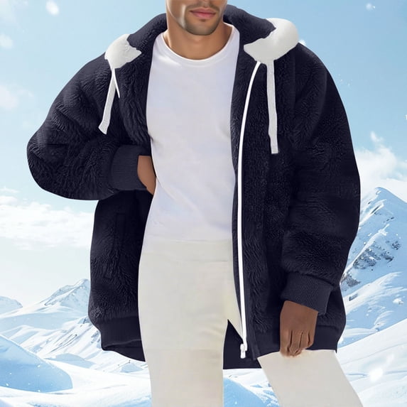 Sookity Winter Hoodie Jacket Men Fleece Lined Hooded Jackets Fashion Winter Warm Sherpa Plush Zipper Fuzzy Jackets Casual Comfy Soft Coats with Pockets chaquetas hombre Navy,XXXL