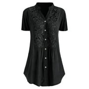 Sookity Womens Tops Dressy Casual Clearance Button Down Shirts for Women Summer Short Sleeve V-Neck Tops Lace Patchwork Solid T Shirts Dressy Tunic Blouses Mauve Shirts for Women