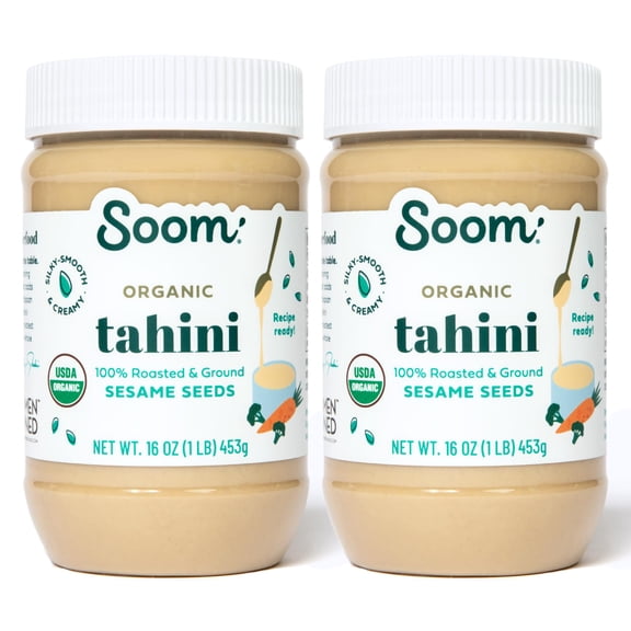 Soom Foods Organic Tahini 16oz (2 Pack) | Roasted & Ground Sesame Seed Paste | Creamy Tahini for Dubai Chocolate, Hummus, Sauces | Vegan, Nut-Free, Gluten-Free, Kosher, Keto, Paleo, Whole30
