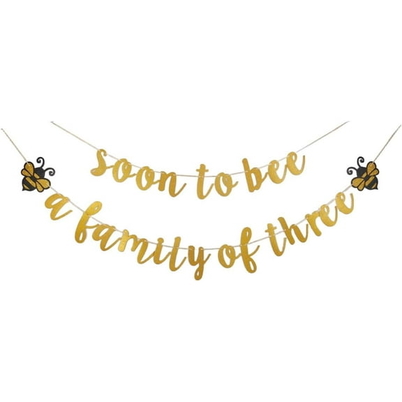 Soon to Bee a Family of Three Banner, Baby Shower Party Decoration, Bumble Bee Themed Welcome Baby/Birthday/Gender Reveal/Parents To Be Party Bunting Props Supplies - Gold