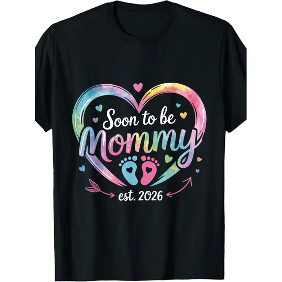 Soon to be Mommy Est 2026 Heart Graphic T-Shirt - Colorful Footprints Pregnancy Announcement Top - Retro Maternity Motherhood Tee for Expecting Mothers