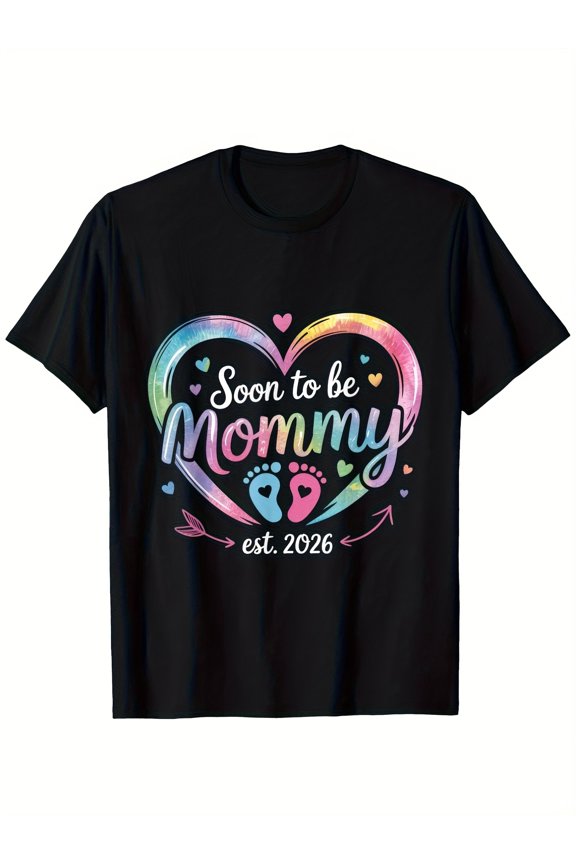 Soon to be Mommy est. 2026 Pregnancy Announcement Graphic T-Shirt - Colorful Rainbow Heart Maternity Style Top - Cute Expectant Mother Gift Retro Tee