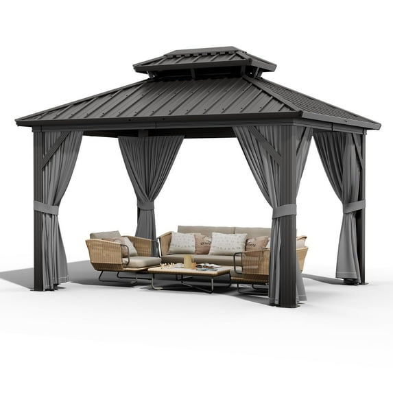 Soonbuy 10*12 FT Outdoor Galvanised Steel Hardtop Gazebo, with Netting and Sunshade Curtains