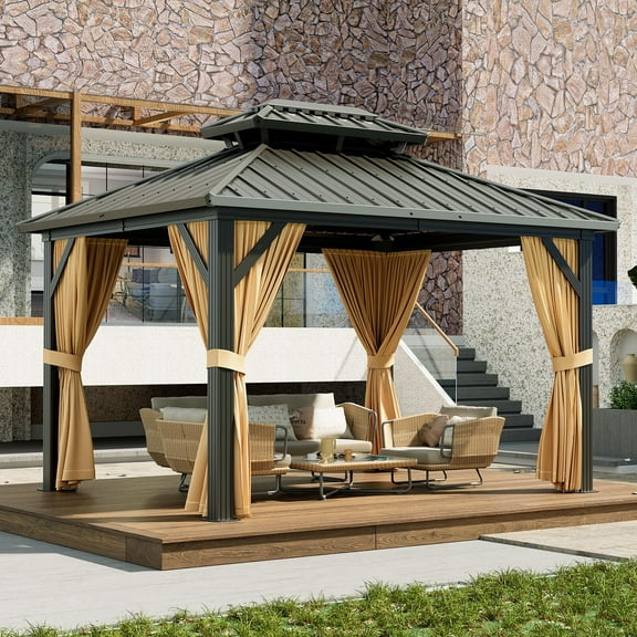 Soonbuy 10*12 FT Outdoor Galvanised Steel Hardtop Gazebo, with Netting and Sunshade Curtains