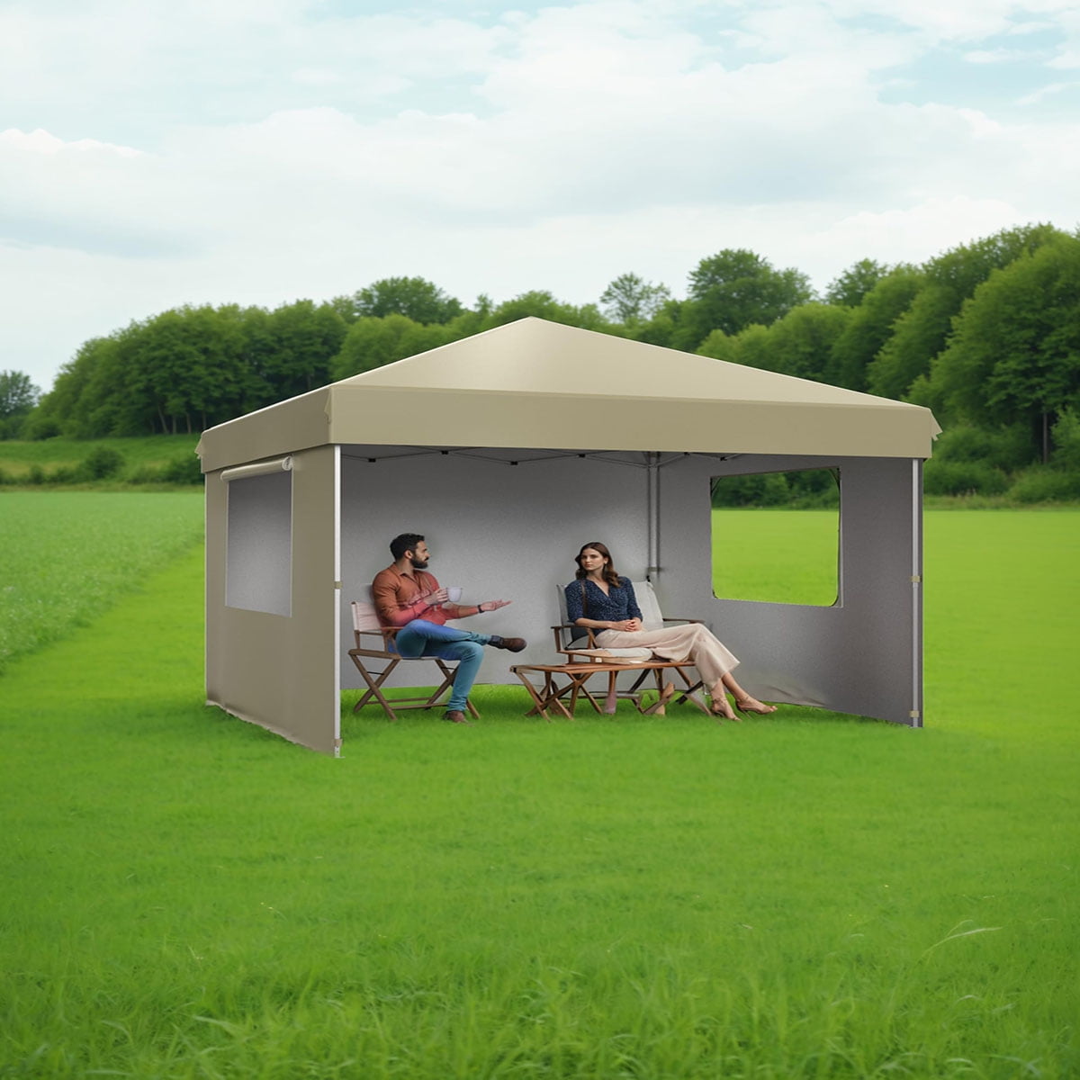 Soonbuy 10x10 Pop Up Canopy with 3 Sidewalls,Easy Up Camping Tent with One Button Push Setup - 1 Roller Bag, 3 Adjustable Height, 4 Weight Bags for Deck, Garden, Sports, Beach, Party