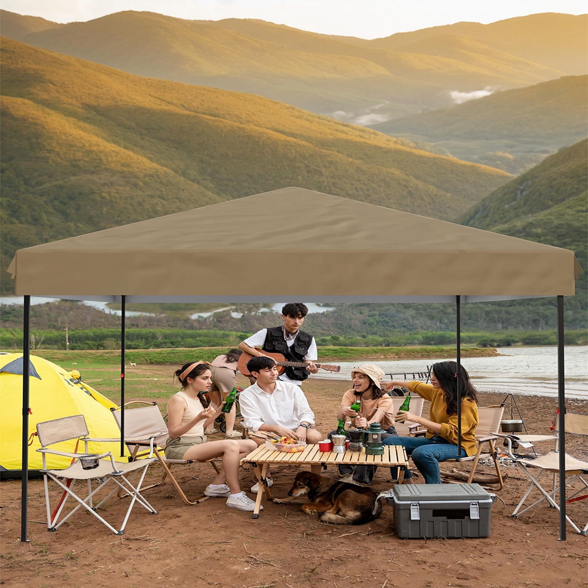 Soonbuy 10x10 Pop Up Canopy with 3 Sidewalls,Easy Up Camping Tent with One Button Push Setup - 1 Roller Bag, 3 Adjustable Height, 4 Weight Bags for Deck, Garden, Sports, Beach, Party