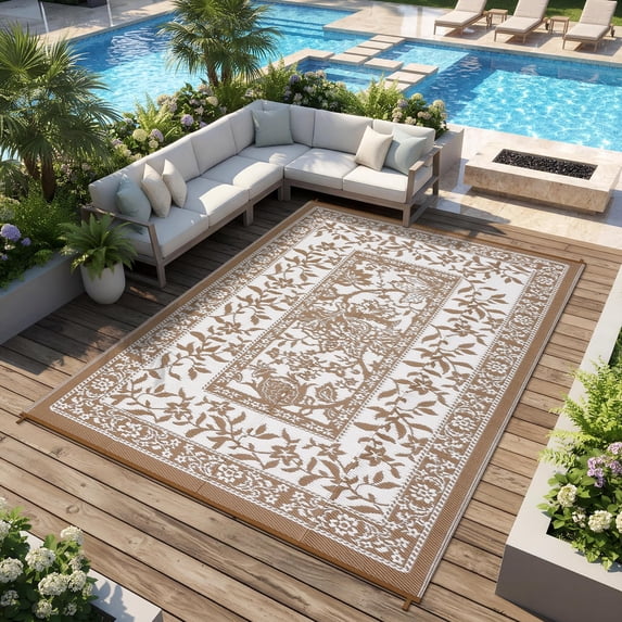 Soonbuy 10x14 FT Outdoor Rug, Waterproof Reversible Plastic Straw Outdoor Patio Rug, Botanical Grove Vintage Cottage Outdoor Area Rug Carpet for RV, Deck, Picnic, Beach, Backyard