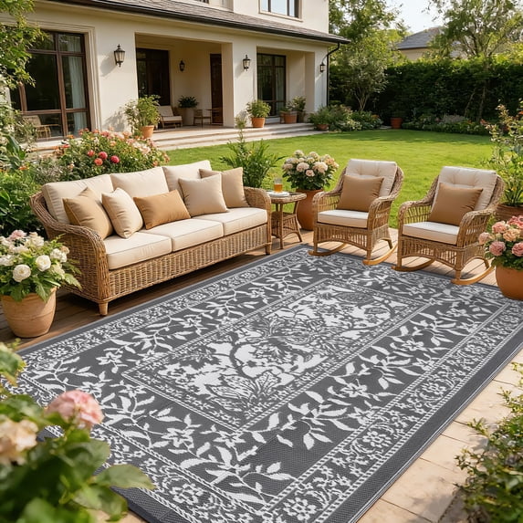 Soonbuy 10x20 FT Outdoor Rug, Waterproof Reversible Plastic Straw Outdoor Patio Rug, Botanical Grove Vintage Cottage Outdoor Area Rug Carpet for RV, Deck, Picnic, Beach, Backyard