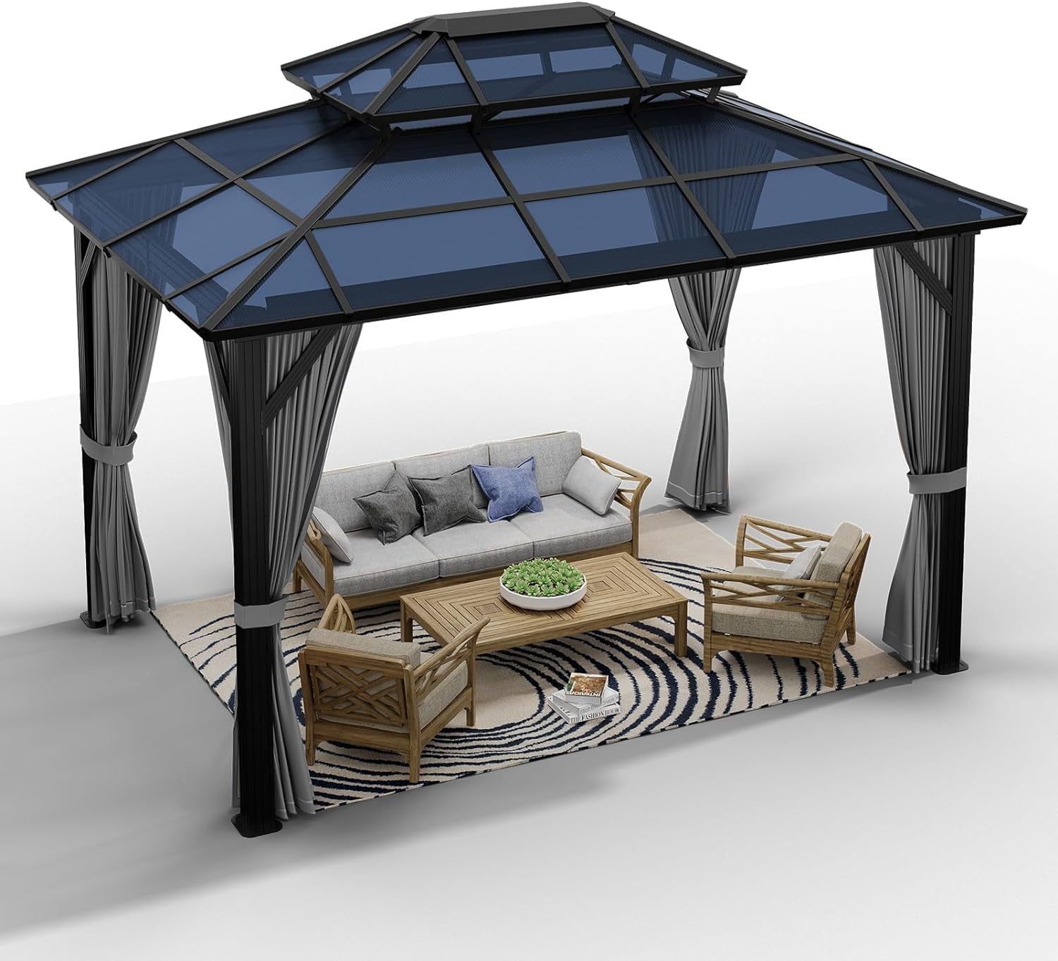Soonbuy 12'x10' Aluminum Permanent Hardtop Gazebo with Double Roof, Includes Removable Curtains & Mosquito Netting for Patio, Garden, and Backyard Use(ship in 2 boxes)