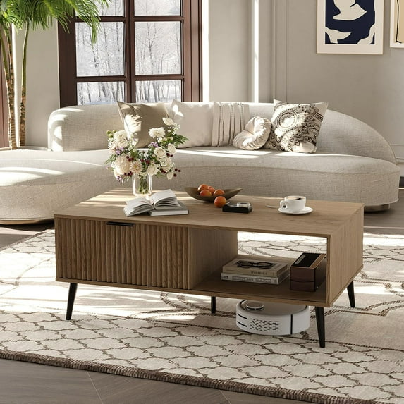Soonbuy 2-Tiers Coffee Table with Storage,Wooden Coffee Tables with Sliding Door and Solid Wood Legs,2-Tier Cocktail Table,Mid Century Modern Coffee Table for Living Room,Home,Office