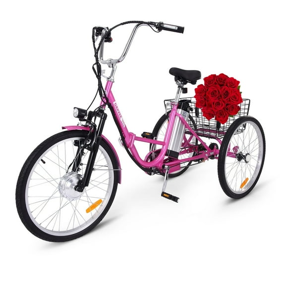 Soonbuy 24" Electric Tricycle, 7 Speeds/36V 10Ah/Large Basket, up to 330lbs , Rose Red