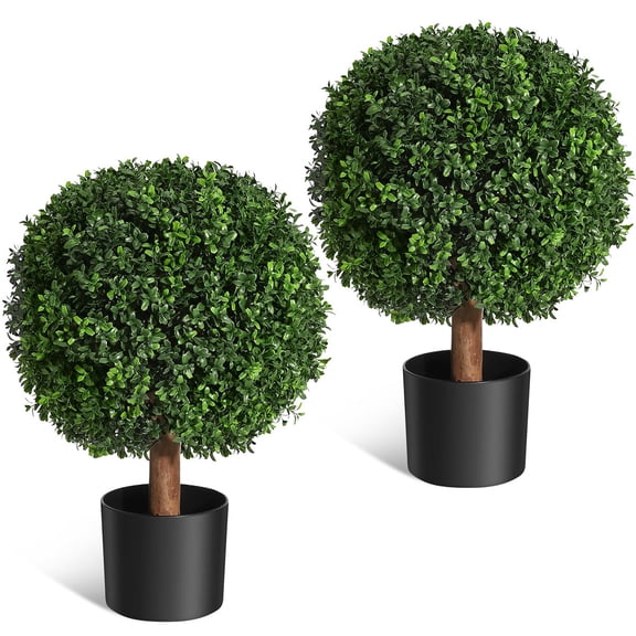 Soonbuy 24 Inch Artificial Topiary Boxwood Ball Trees, Set of 2 UV Resistant Plants,Faux Boxwood with 6"x5" Pots for Front Porch, Indoor Walkway, Entryway Decorating