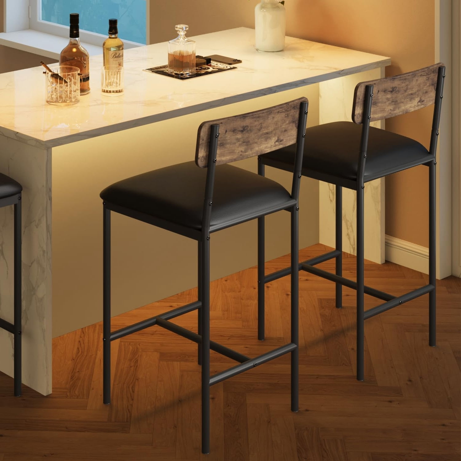 Rustic Brown and Black Metal Upholstered Bar Stools, Set of 2