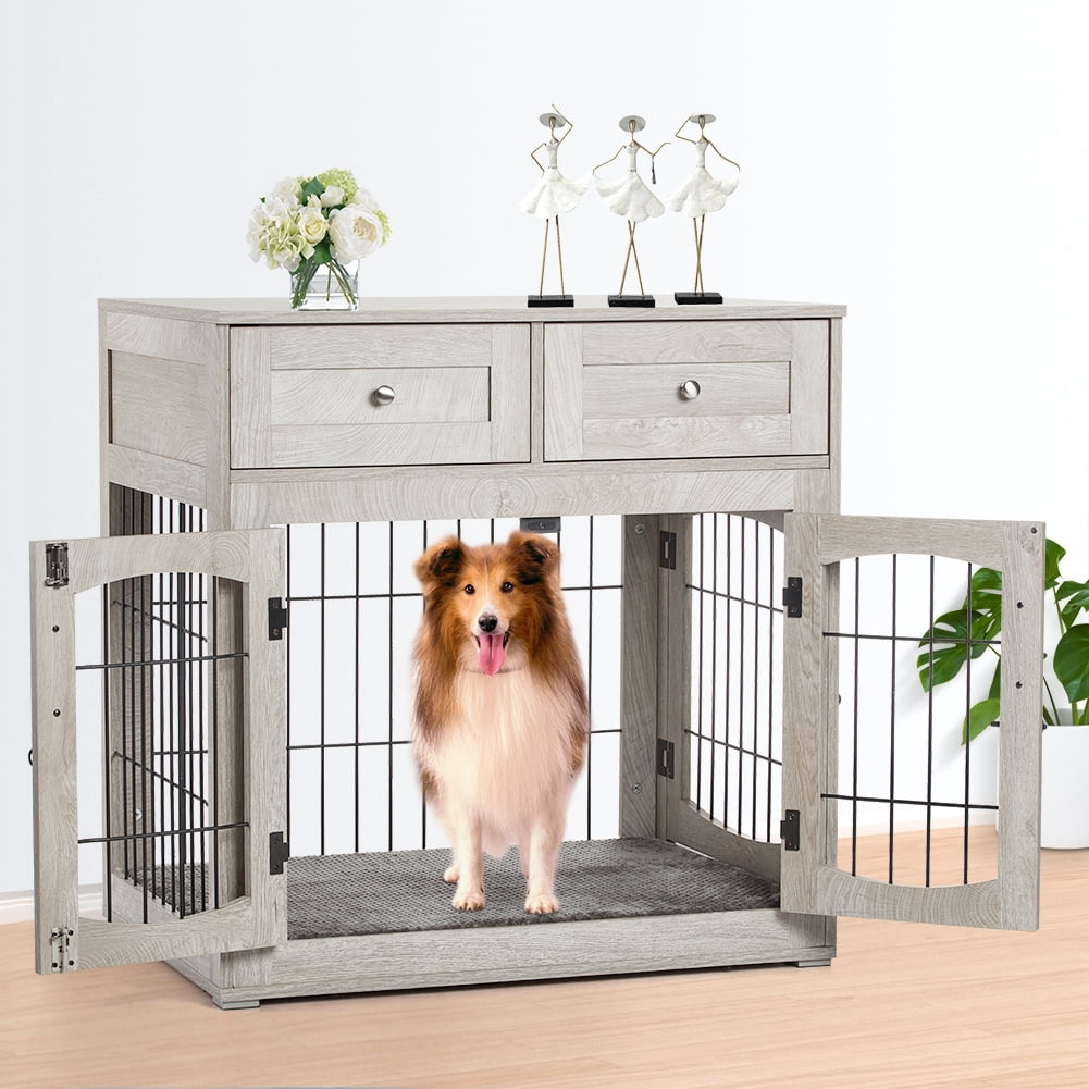 Gray Wooden Dog Crate End Table with Drawers