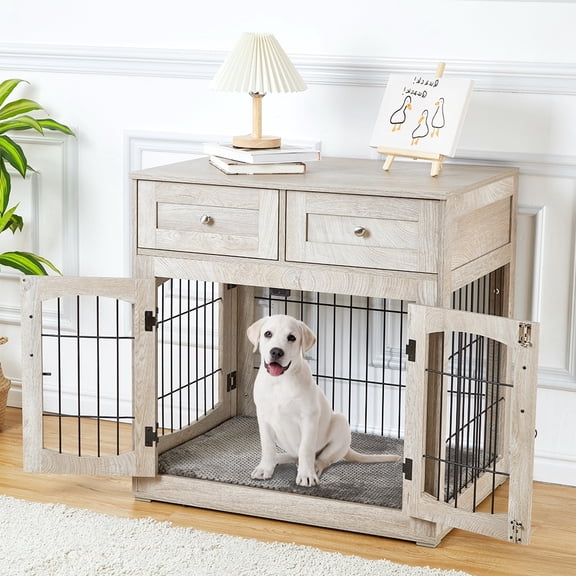 Soonbuy 3-Doors Dog Crate Furniture with 2 Drawers, Gray, M