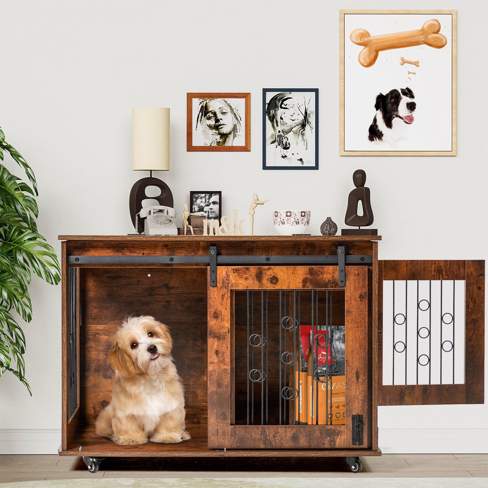 Soonbuy 39" Wooden Dog Crate Table, Flip Top, 2 Rooms with Movable