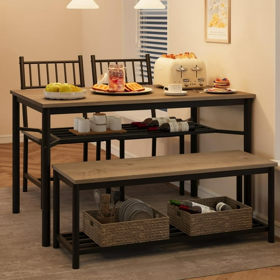 Soonbuy 4 Person Dining Set, with Wine Rack, Gray